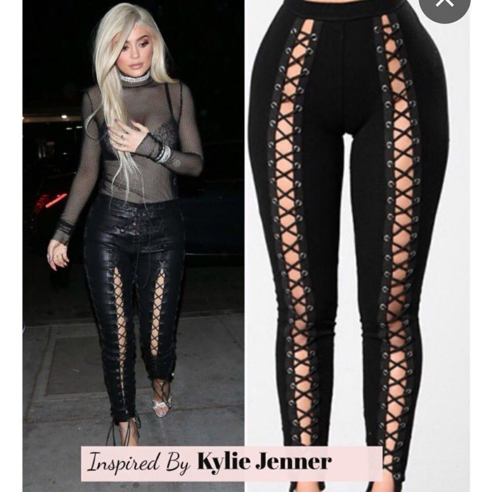 Poshbyv Black Lace-Up Women's Pants Mesh with grommets tie Bottom NWT Sexy Sz S